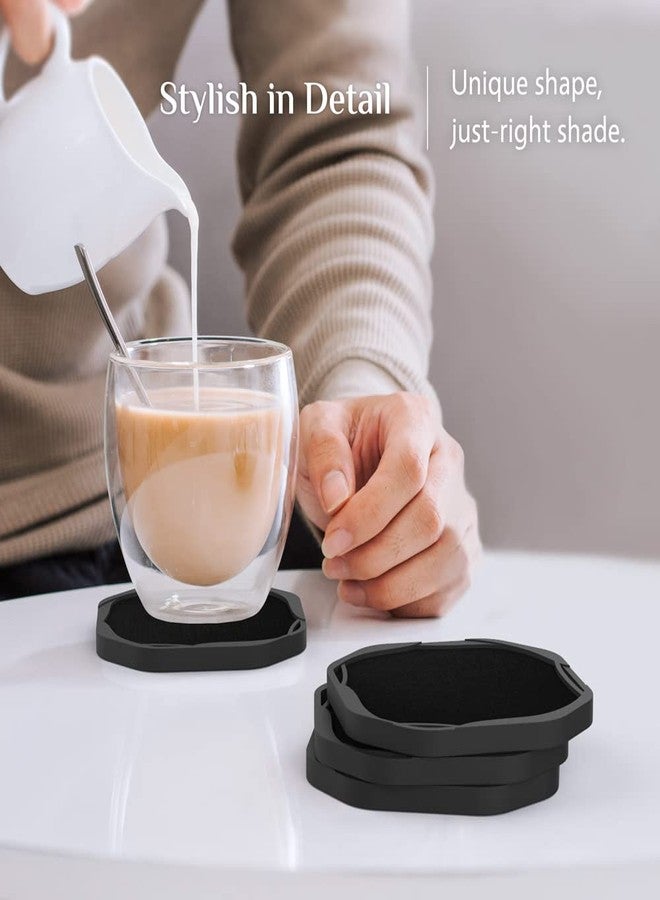 UMIRRO Absorbent Coasters for Drinks with Holder, Black Silicone Cup Coaster with Felt Insert for Coffee Table Decor, Small Unique Birthday Gift Ideas for Men, Dad, Him, Women Mom, Her, 4", Set of 6 - Image 2